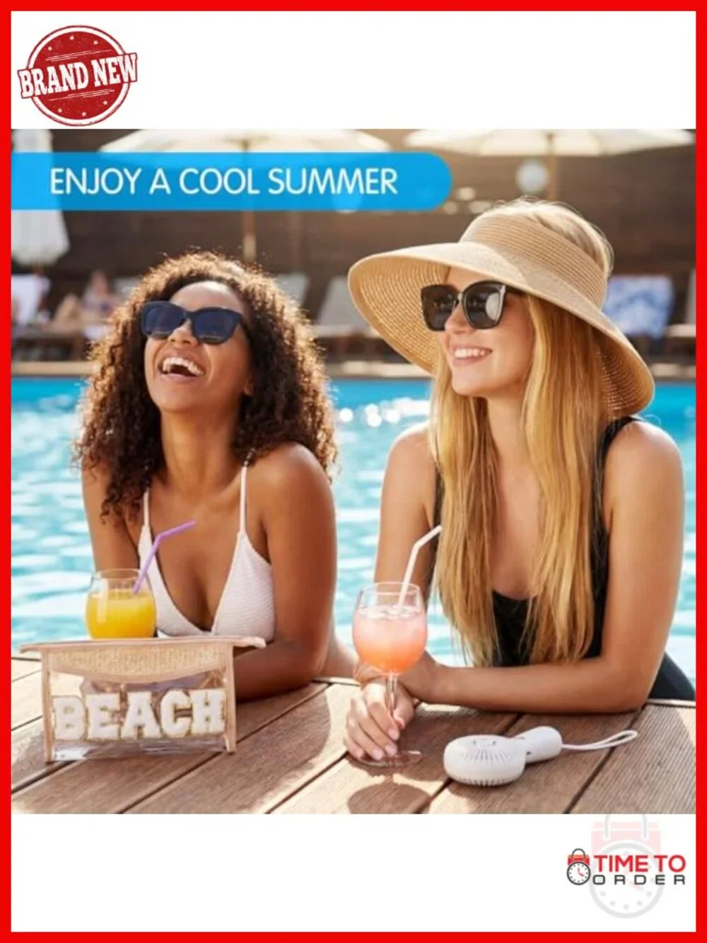 4pc Beach Gift Set: Tote Bag, Sun Hat, Makeup Bag, Handheld Fan Summer Travel